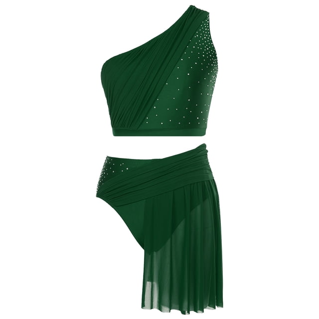Yartina Robe Moderne Lyrique avec Strass pour Femmes, Robe Courte à une Épaule avec Jupe en Maille Verte TG