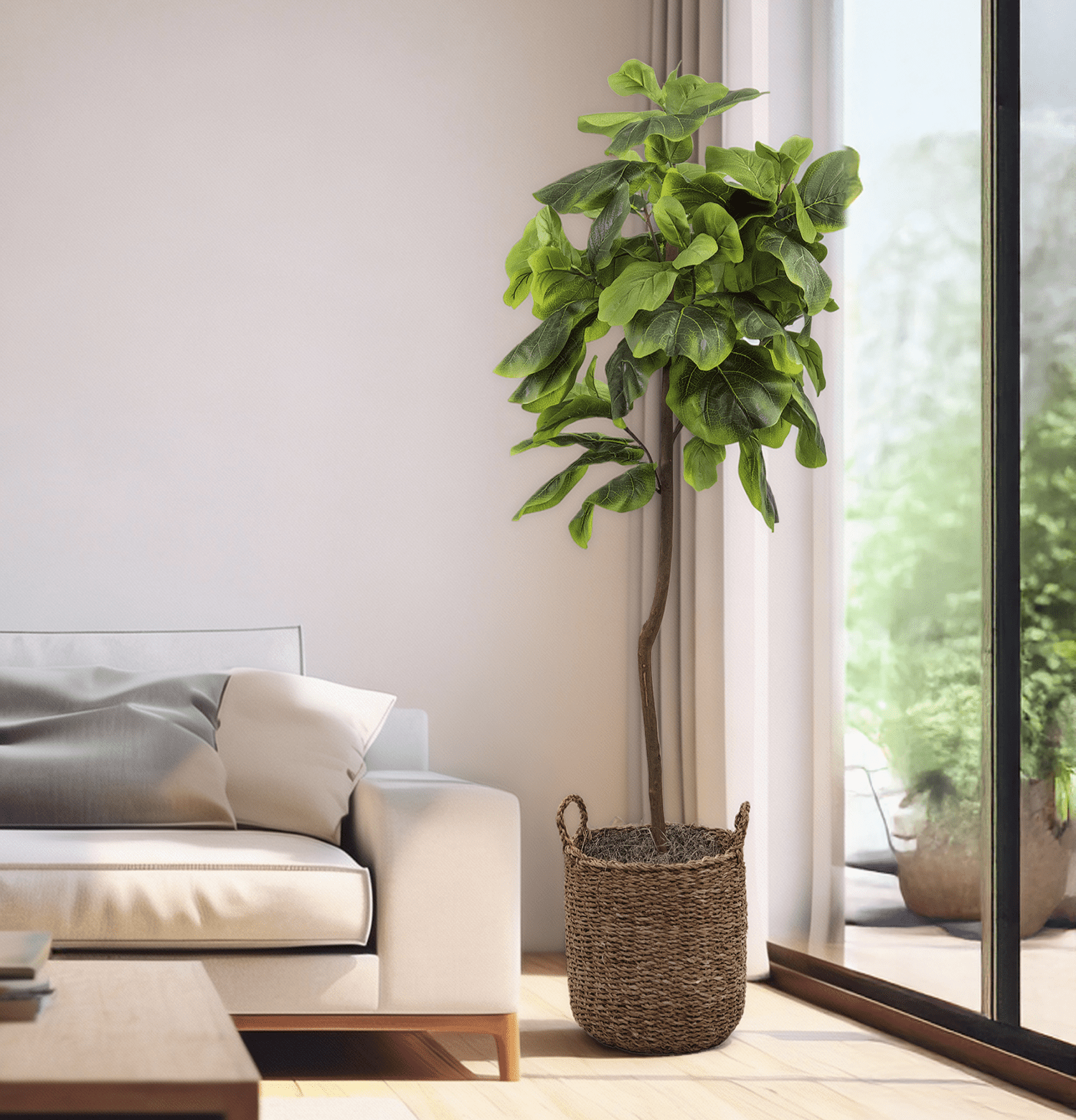Artificial Trees, 5ft Artificial Fiddle Leaf Fig Tree in Handwoven Handled Basket by LCG Florals, Fake Indoor Faux Tree for Living Room, Office, & Home Decor