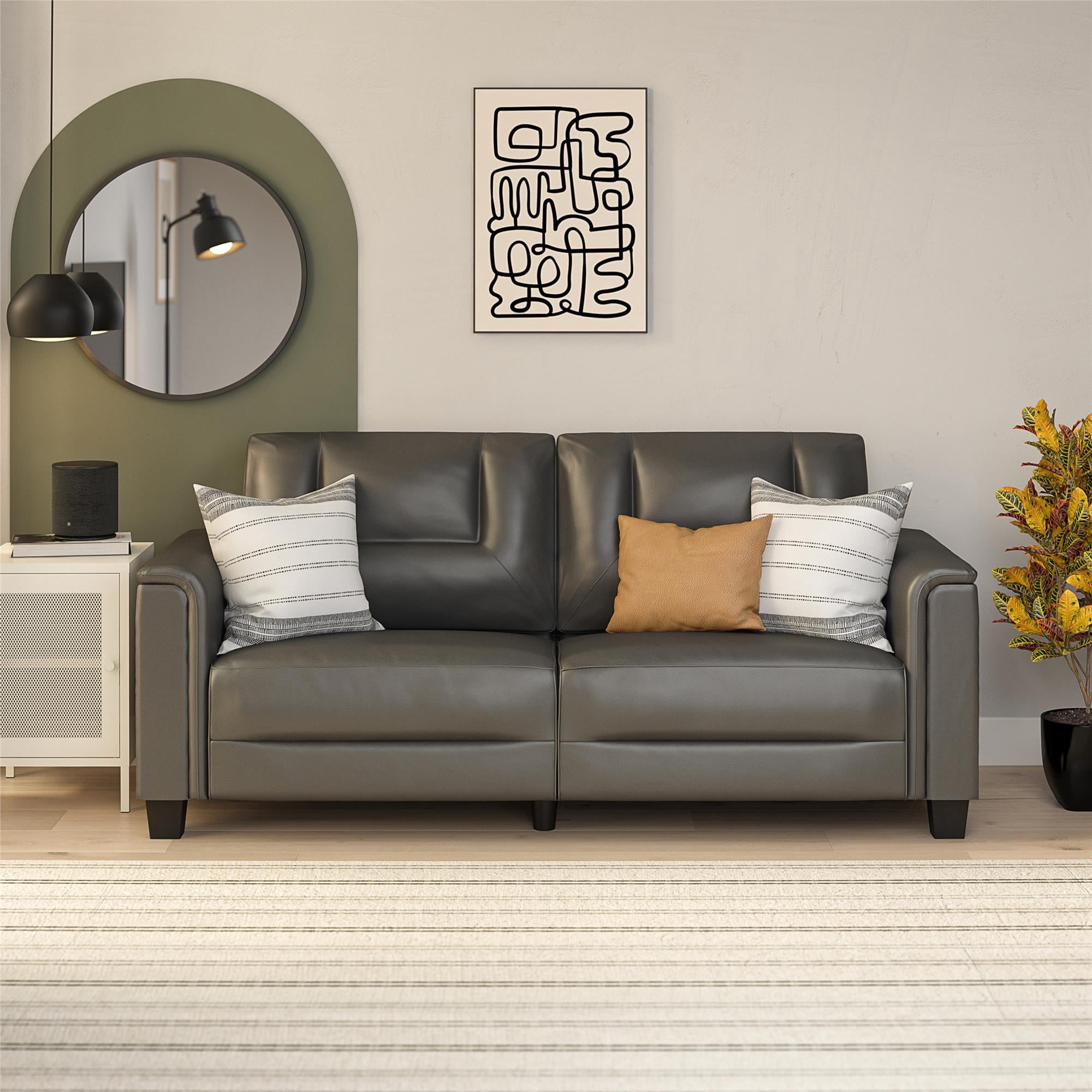 DHP Brodie 75.5" Upholstered Sofa with Pillow Arms, Charcoal Faux Leather