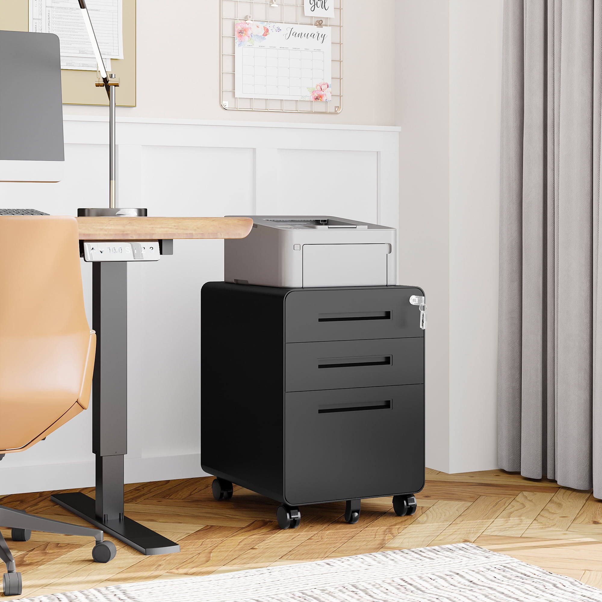 AUHUP 3 Drawer Mobile File Cabinet with Lock, Metal Filing Cabinet with Wheels for Legal/Letter/A4 File, Under Desk File Cabinets for Home Office,Black,Fully Assembled