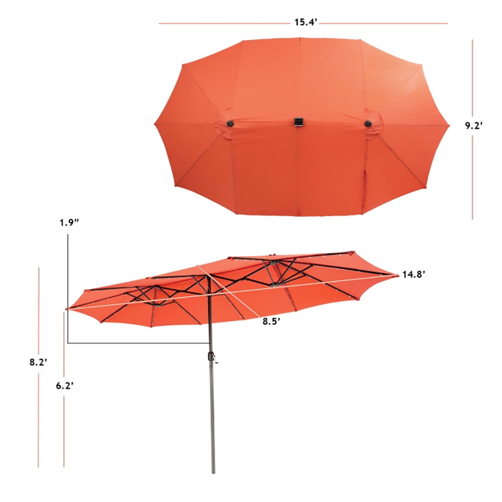 Aimee Lii 15 Feet Twin Patio Umbrella with 48 Solar LED Lights, Outdoor Umbrellas for Patio, Orange