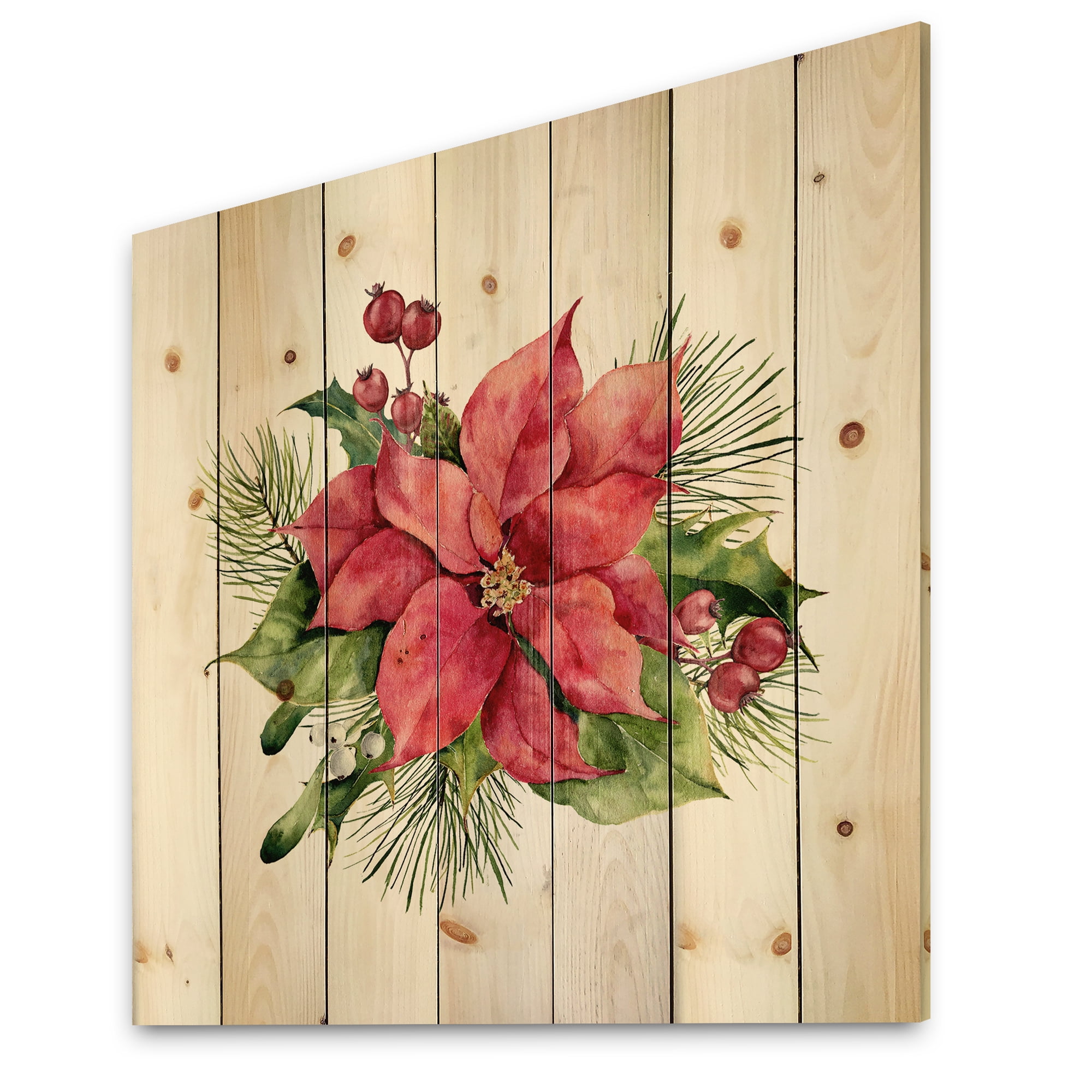 Designart 'Christmas Fir Branch and Holly Mistletoe Berries I' Traditional Print on Natural Pine Wood
