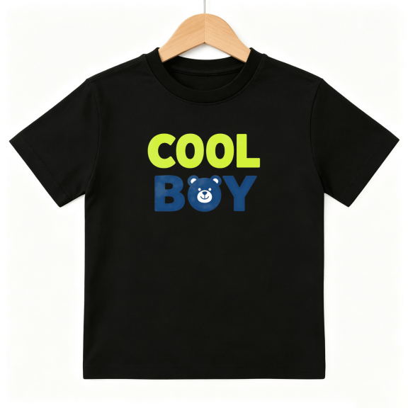 Cool Boy Cute Bear Face Lettering Boys Graphic Tee, Minimalist 100% Cotton Kids Short Sleeve T-Shirt 4-13Y