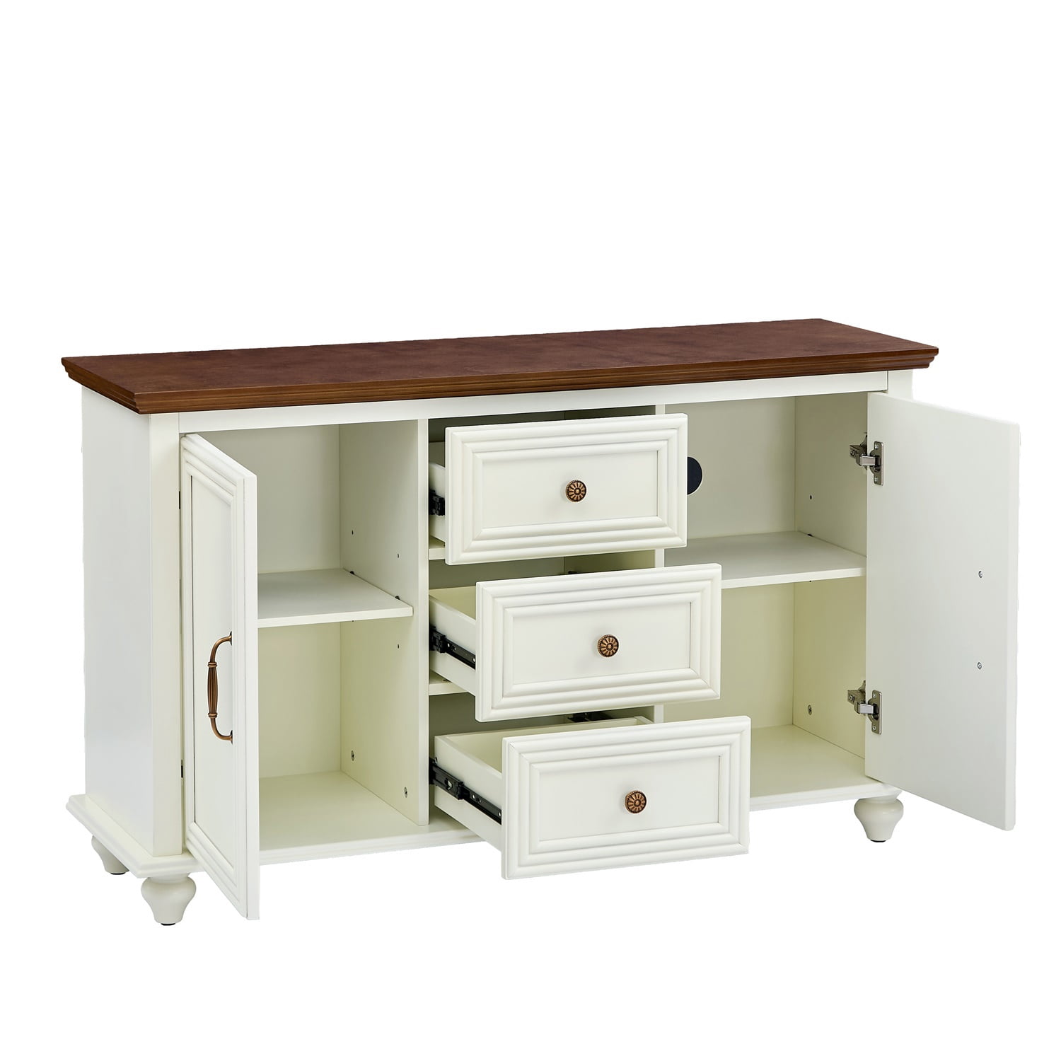 Hommoo Mid Century Modern Sideboard Buffet Cabinet, Wooden Accent Storage Cabinet with 2 Doors and 3 Drawers for Kitchen Dining Living Room Entryway, Brown White