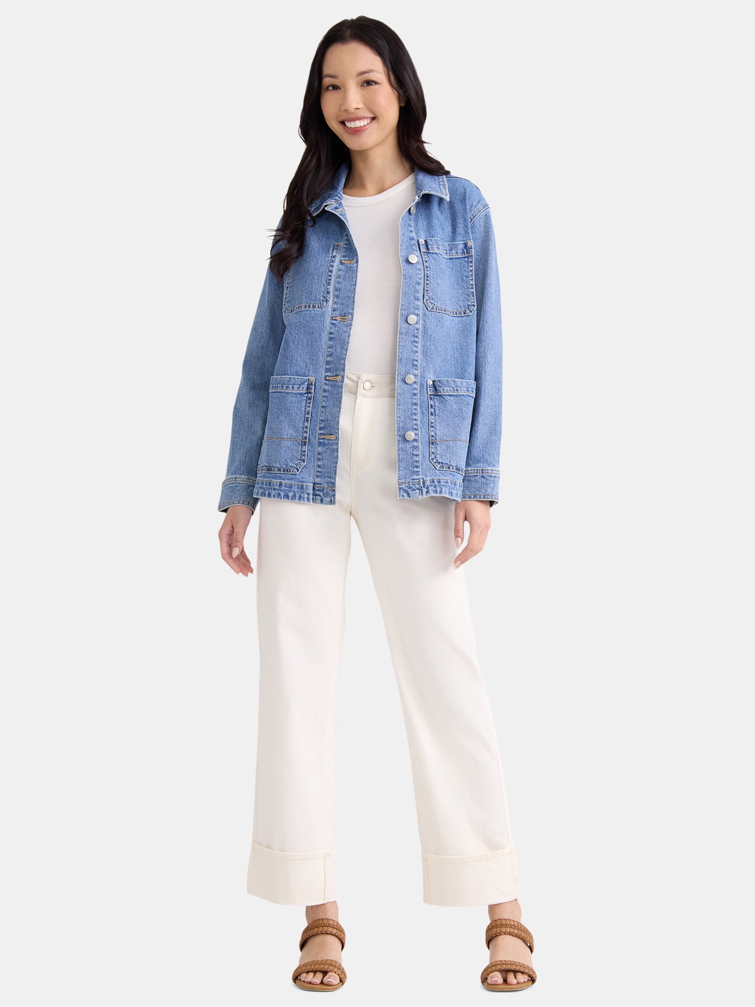 Time and Tru Women's High Rise Colorblock Straight Leg Cuffed Jeans, 29" Inseam, Sizes 2-20