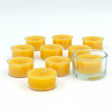 100% Pure Raw Beeswax Tea Lights Candles Organic Hand Made (Pack of 10) and 1 Glass Tealight Holder