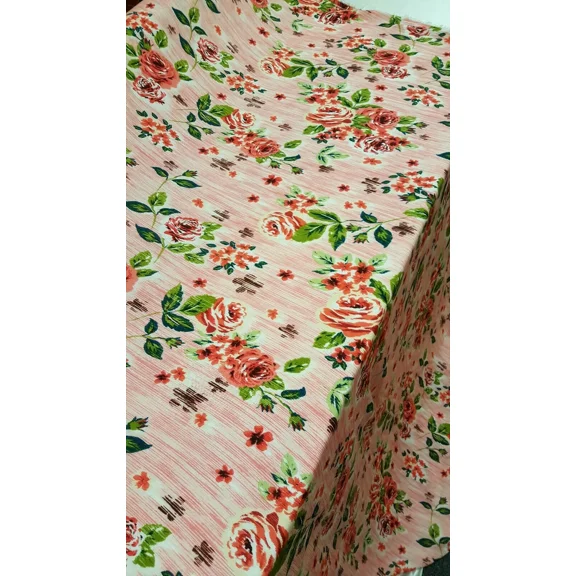Rayon Challis Coral Flowers Floral Fabric By The Yard Soft Crepe Green Leaves
