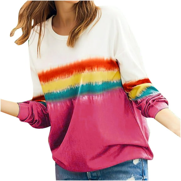 Womens Long Sleeve Crewneck Color Block Sweatshirt Tops Casual Striped Printed Loose Fit Shirts Blouses Tunic Tops