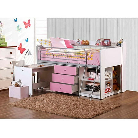 Savannah Storage Loft Bed with Desk, White and Pink