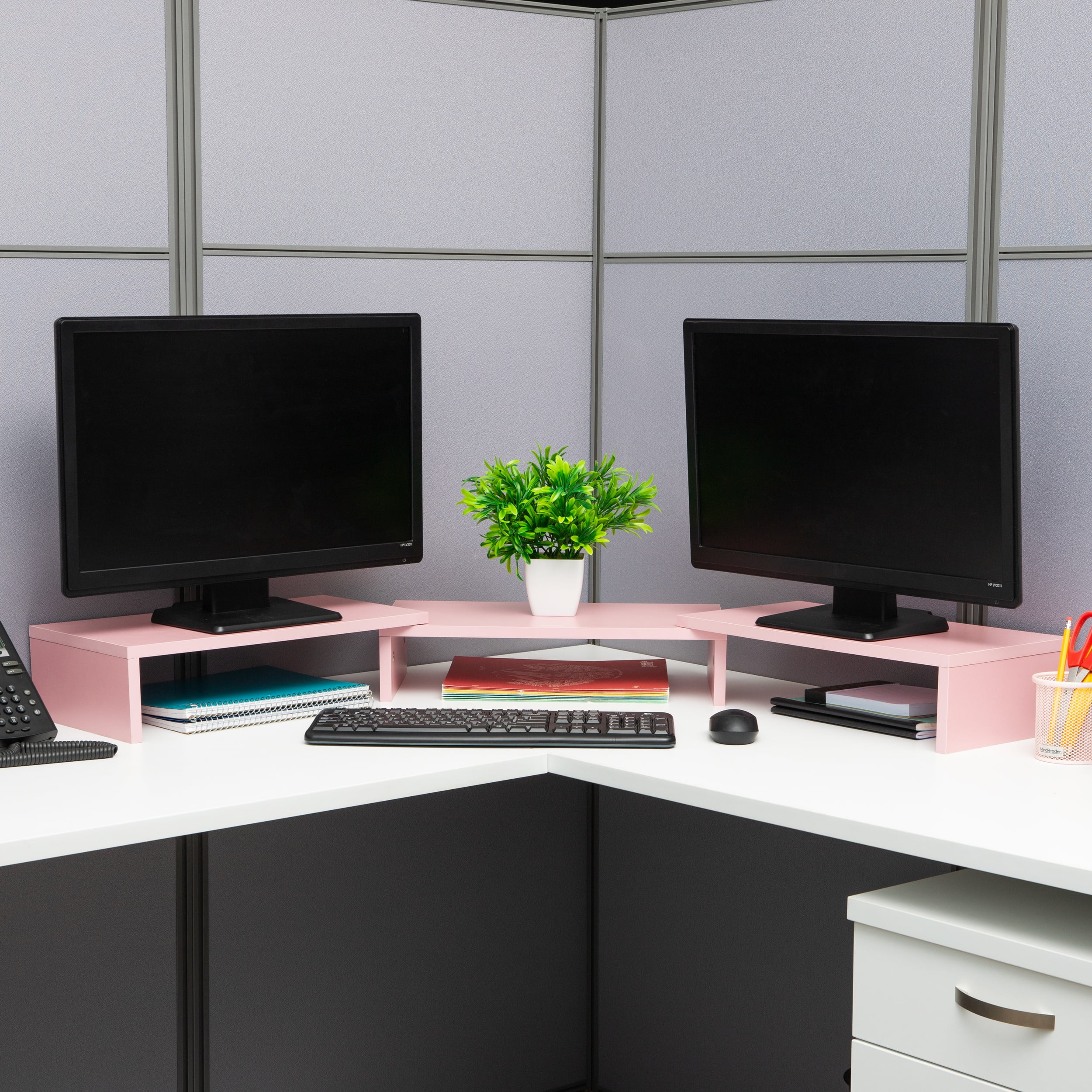 Mind Reader Dual Monitor Stand, Desktop Organizer, Laptop Riser, Office, MDF, 51.25"L x 9.25"W x 4.75"H, Pink