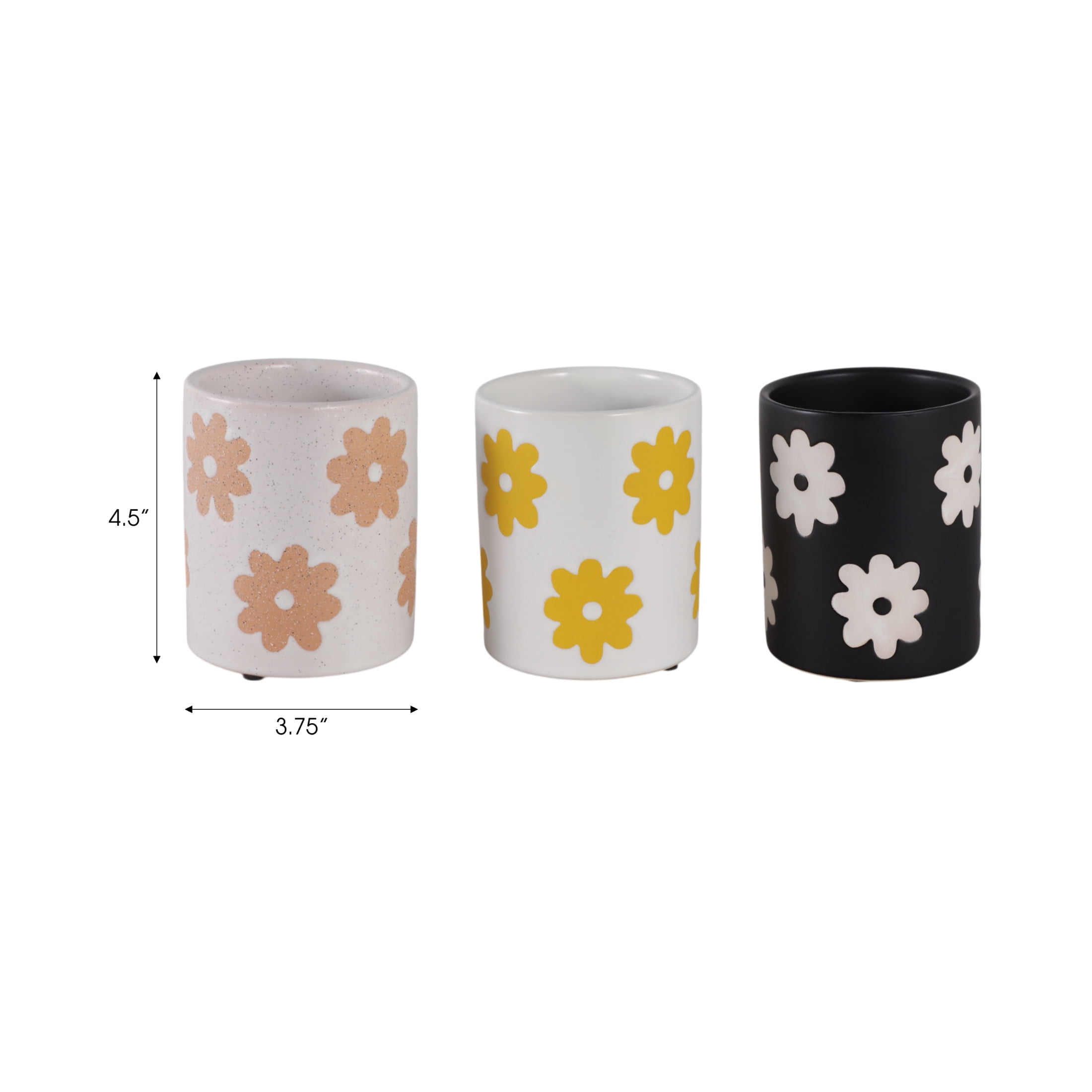 Cylinder Desk Organizer for Home Decor - Ceramic Desktop Organizer for Office Storage and Small Desk Workspace  - Boho Floral Office Accessory Decor for Tabletop - Set of 3, 5", White & Black