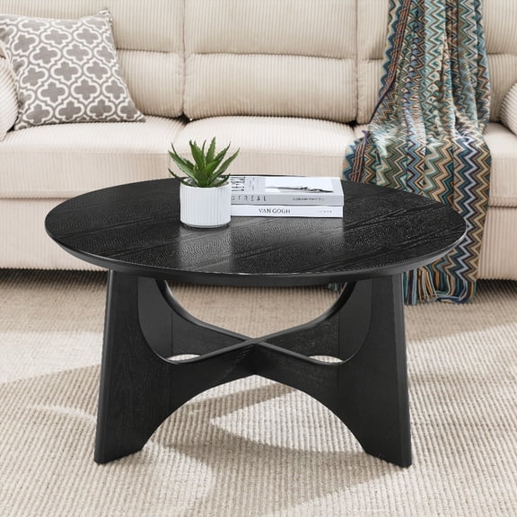 36" Round Coffee Table with Wooden Grain & Modern Cross-Legs (Black)