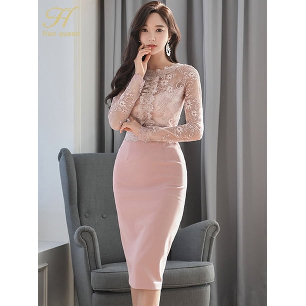 H Han Queen gran oferta Vestidos Vintage coreanos Simple Chic encaje Patchwork ceñido al cuerpo vestido mujeres Oficina Casual tubo Vestidos de tubo