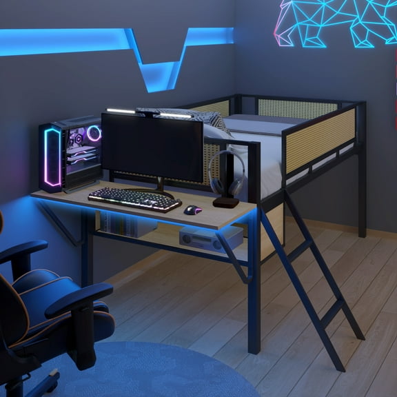 Metal Loft Bed with LED Lights & Desk - Double Bed Frame with Storage Shelves, Safety Rail & Ladder