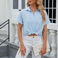 thumbnail image 5 of BLVB Womens Button down Cropped Shirts Short Sleeve Casual Crop Tops Plain Lapel Blouse Shirt Summer Clothes Blue, 5 of 7