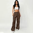 thumbnail image 5 of Womens Parachute Pants Y2k Baggy Wide Leg Track Pants Elastic Waist Jogger Sweatpants Hiking Pants Trousers Coffee XL, 5 of 5
