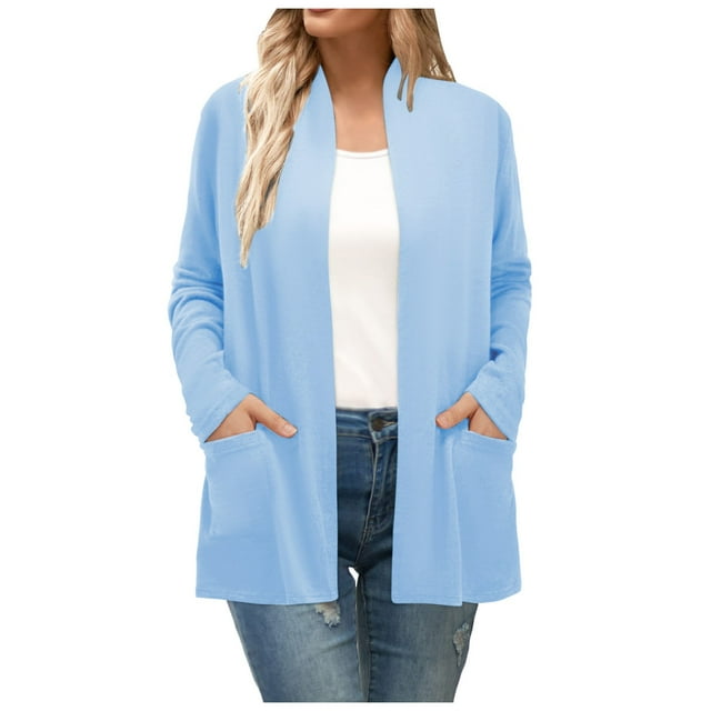 Long Sleeve Cardigan For Women Fall Open Front With Pockets Polyester Chiffon Casual Duster
