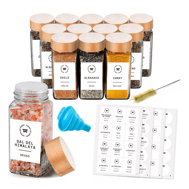 12pcs Tarros De Vidrio Para Especias Tapa Bambú Embudo 120ml