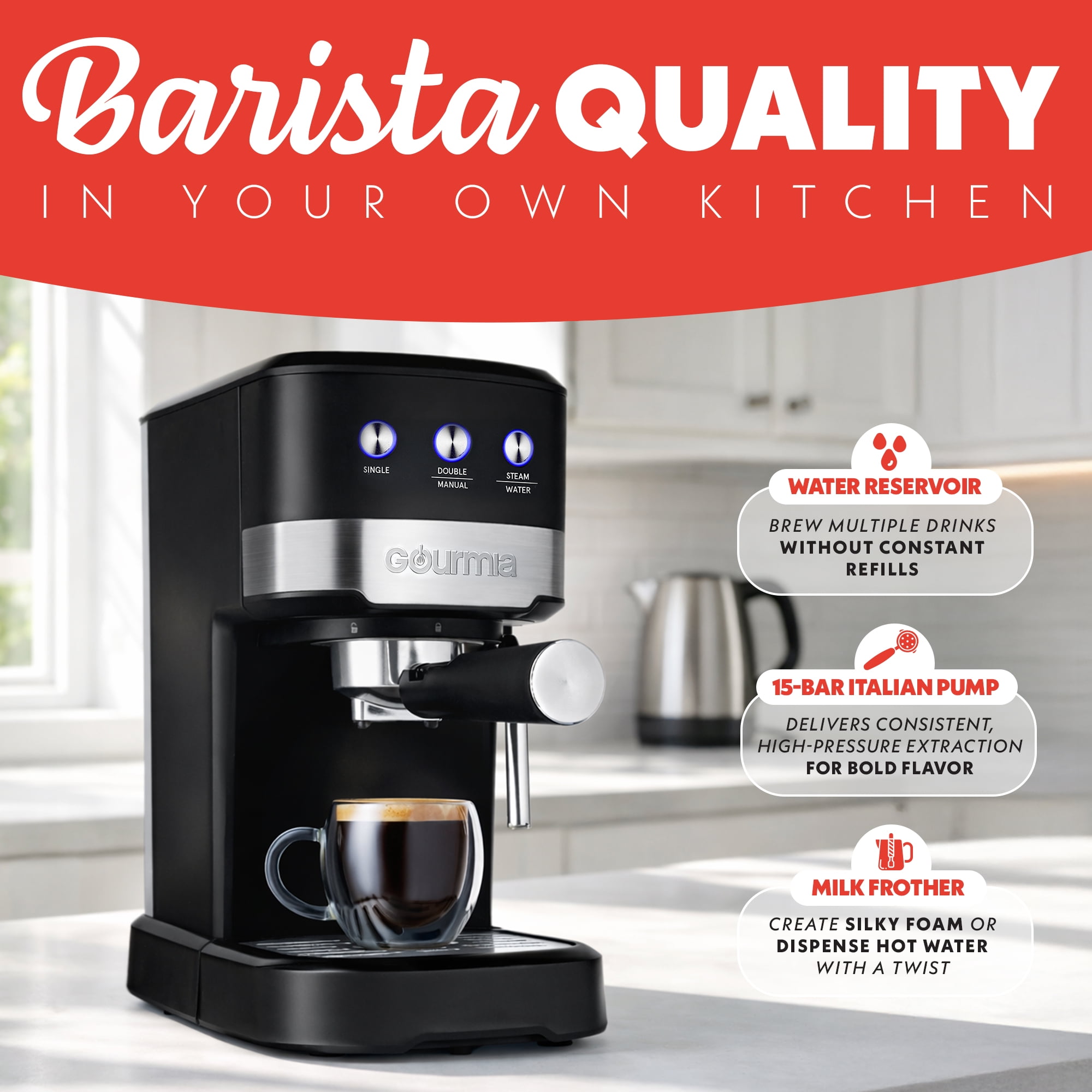 Gourmia 1.2L 15 Bar Espresso Maker with Powerful Frothing Wand Black