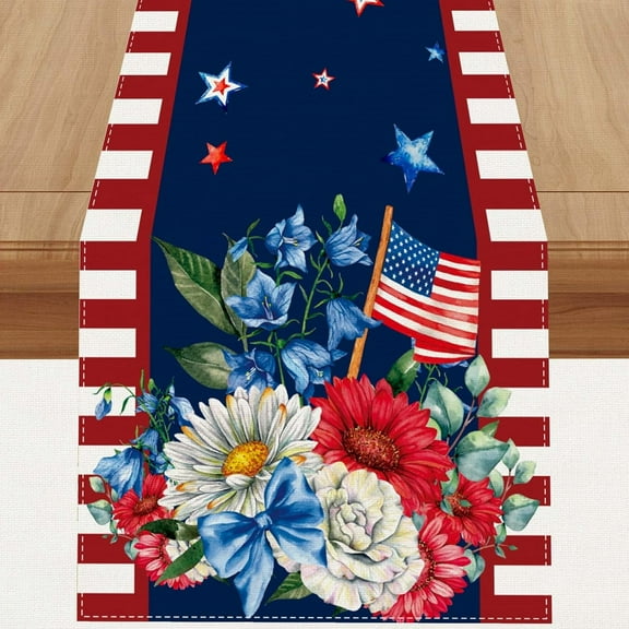 Amarainy Linen Watercolor Red White and Blue American Flag Stars Table Runner 72 inches Long 4th of July Memorial Day Veterans Day Patriotic Decoration and Supplies for Home