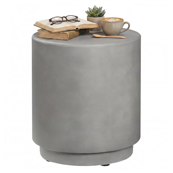 Light Gray Concrete Accent Table, 14.5" Round Side Table - Indoor/Outdoor, Living Room, Patio, Plant Stand