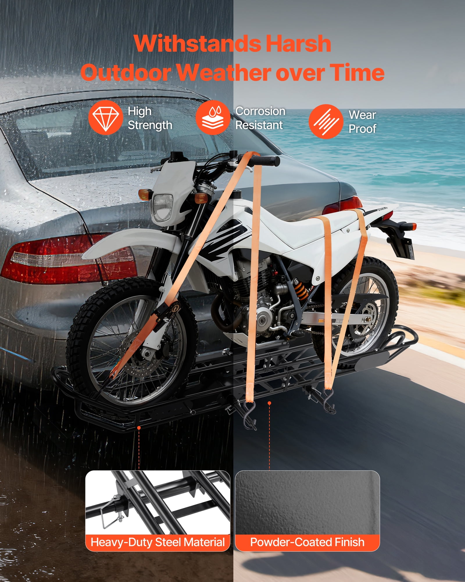 VEVOR Motorcycle Carrier, 500 lbs Capacity, Heavy Duty Steel Hitch Mount Rack with Anti-Tilt Lock Device,Straps & Stabilizer, Scooter Dirt Bike Trailer Hauler for Car Truck with 2-Inch Hitch Receiver