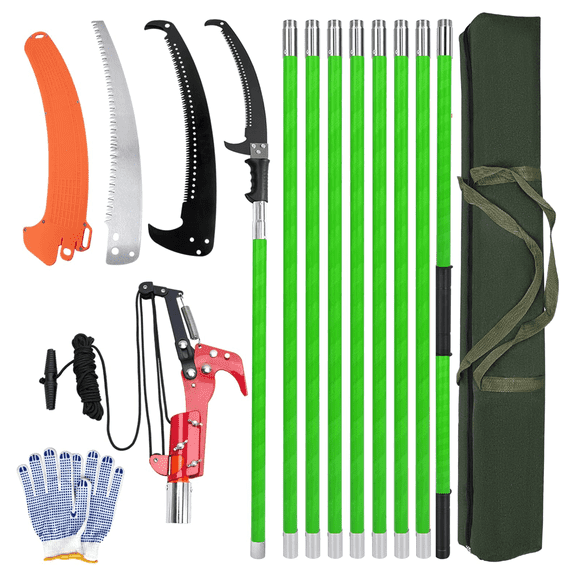 9m Manual Pole Pruner Saw for Tree Trimming, Extendable Tree Pole Pruner, Sharp Steel Blade and Scissors, High Branch Trimmer with Lightweight 9 Fiberglass Handles, for Pruning Palms and Shrubs -Gre