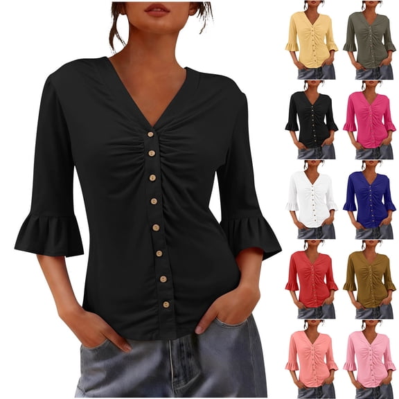 Women's Solid Color Pleated Trumpet Sleeve Top T-Shirt Blouse Summer Casual Daily Wear Crewneck Mid Sleeve Fashion Essential Gift for Women | Aestivo,Beige L