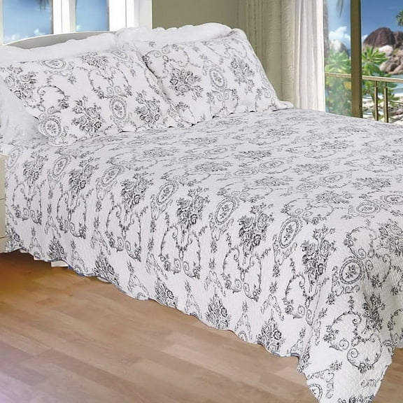 Serene Night-Black 100% Cotton 3PC Classic Floral Vermicelli-Quilted Quilt Set (Full/Queen Size)