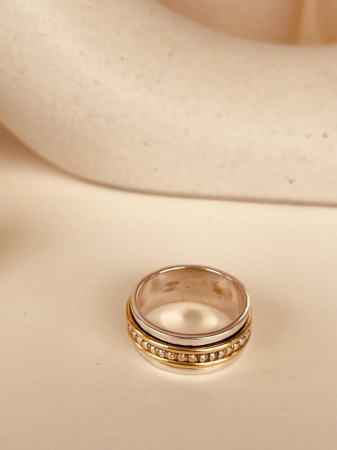 SS DESIGNS- Two-Tone Thumb Fidget Spinner Ring for Women – Handmade Anxiety Relief Meditation Ring, 925 & Gold-Plated Stress Reliever Ring,