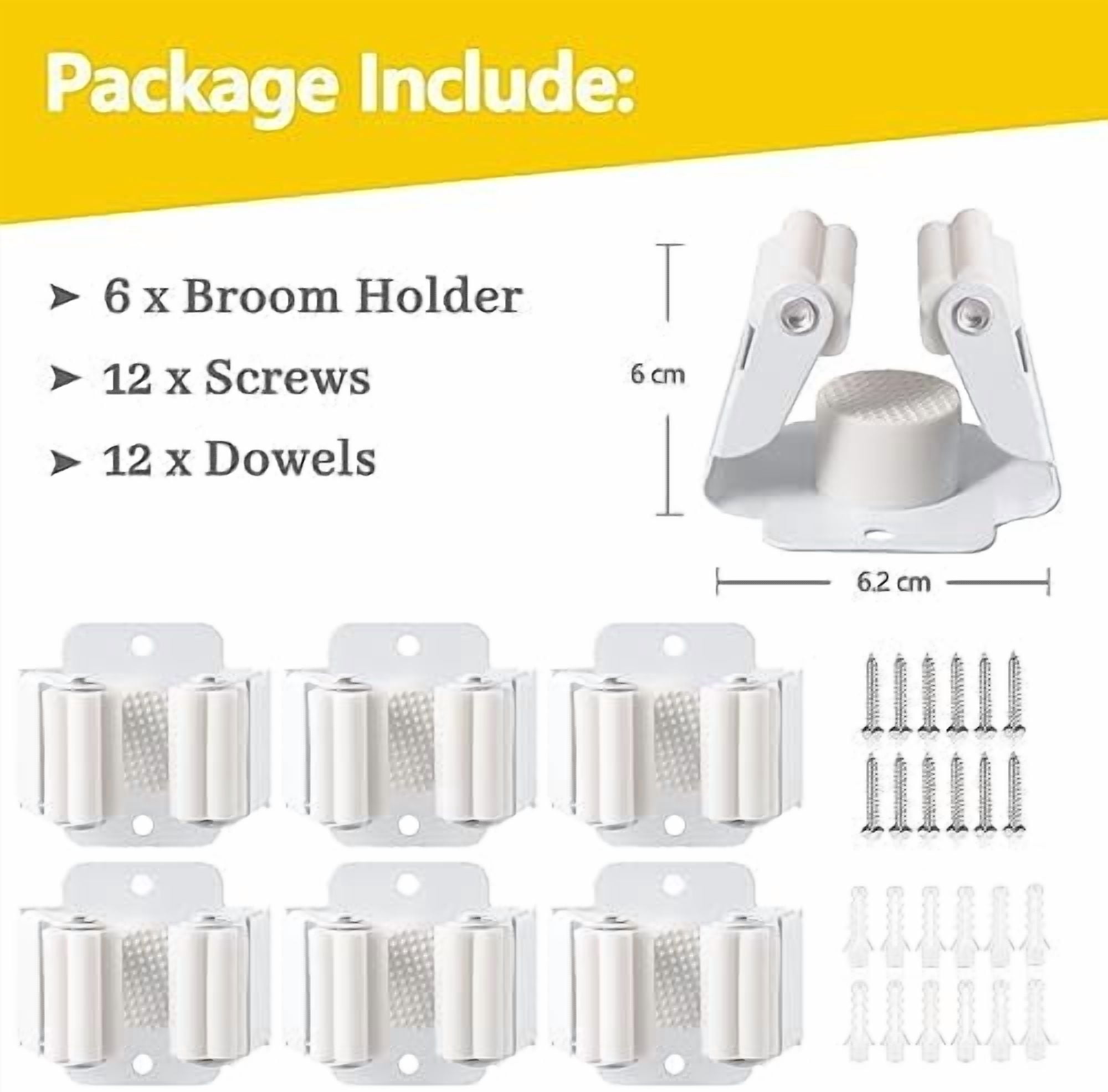 6 Pack Broom Holder Wall Mount, Mop and Broom Holder Wall Mount, Stainless Steel Command Mop Holder with Screws, Garden Tool Storage Organizer for Kitchen, Home, Bathroom, Garage, White