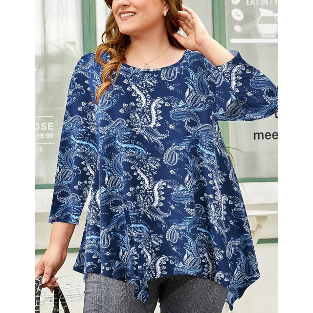 LARACE Tunique pour Femme Grande Taille, Haut Long à Manches 3/4 Roulées, Chemises Habillées Décontractées, Blouse à Col Rond A-Navy12 2X
