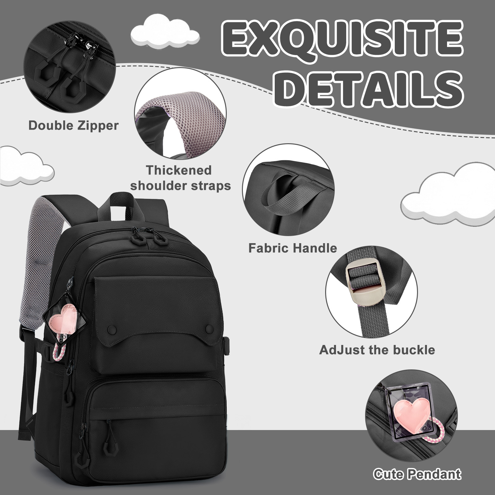 Inadays School Backpack for 15.6" Laptop, Black photo 6