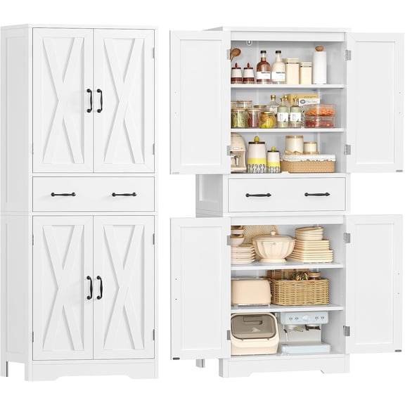 Tall Storage Cabinet with 2 Adjustable Shelves & 1 Large Drawer, Kitchen Pantry Cabinet with 4 Doors, Bathroom Storage Cabinets, for Living Room, Kitchen, Bathroom, White