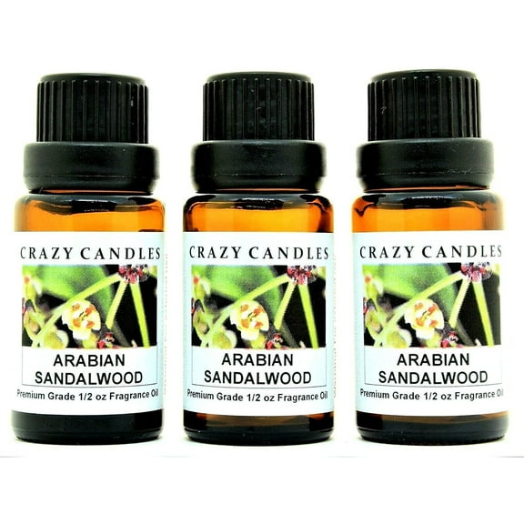 Crazy Candles Arabian Sandalwood 3 Bottles 1/2 Fl Oz Each (15ml) Premium Grade Scented Fragrance Oil (Moderate, Woodsy Sandalwood with Delicate Florals)