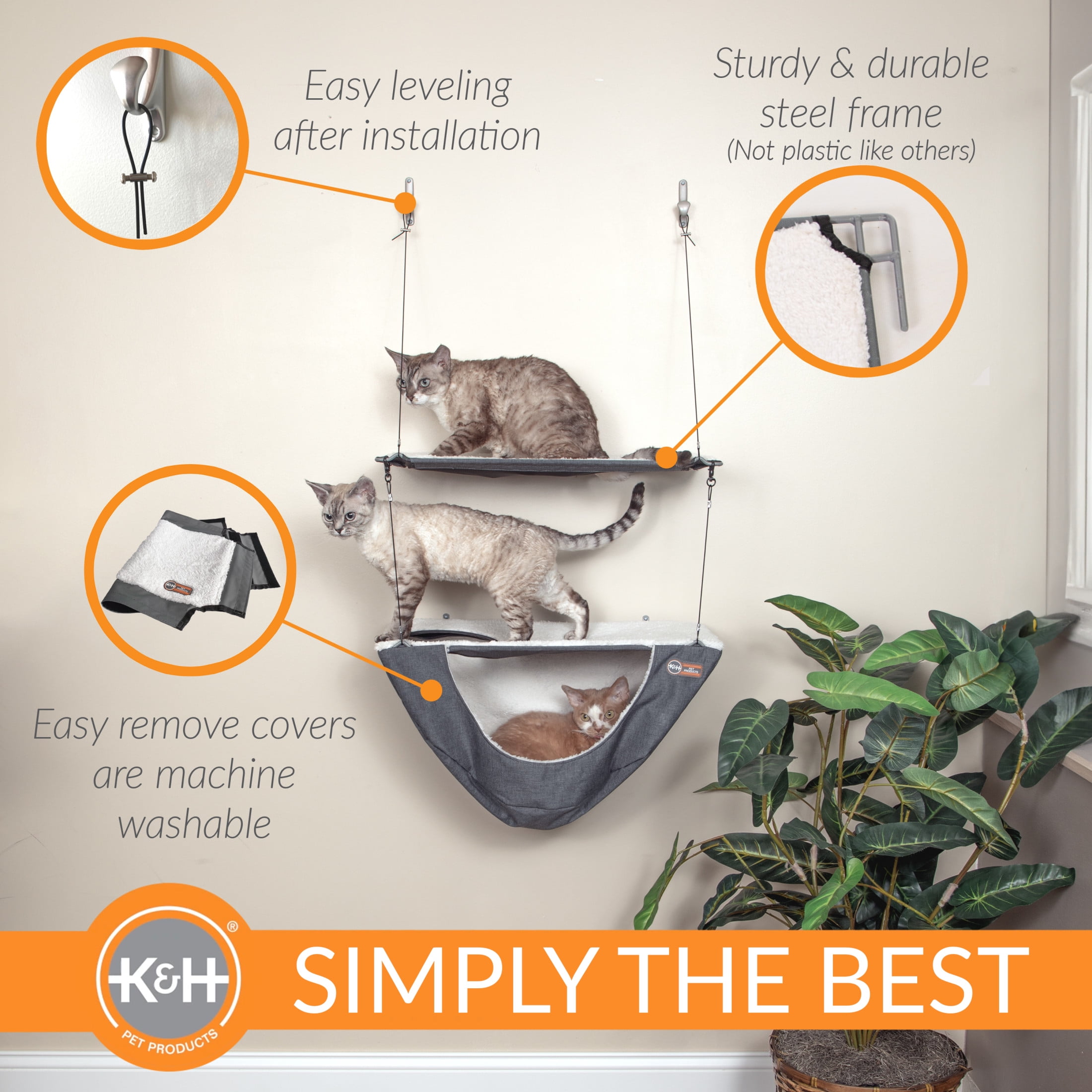K&H Pet Products Wall Mount Cat Shelf & Cat Hammock, Double Shelf Gray/Natural, 23" x 12"