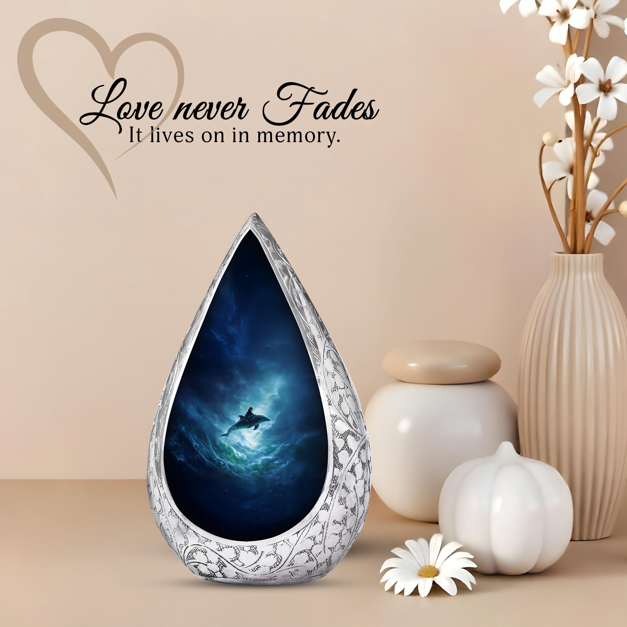 JAGSHASHI Dolphin Keepsake Sharing Urn – Mini Blue Cremation Urn for Human or Pet Ashes – Coral Reef Small Memorial Token Urns with Velvet Box & Funnel – Memorial Tribute for Families (Blue 3 Inch)