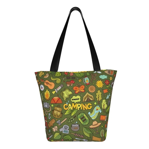Uemuo Camping 1 Print Tote Bags for Women,Large Capacity Corduroy Bag,Reusable Grocery Shoulder Bag,Beach Tote with Zipper Closure, Daily Essentials