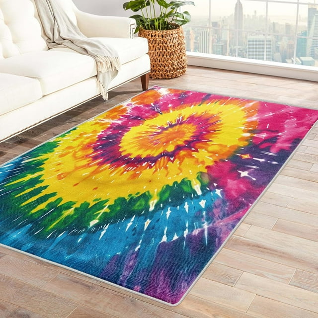 Washable Rugs 5x7 Tie Dye Rug & Home Decor - Living Room Rug, Colorful Ombre Rugs for Bedroom, Non Slip Soft Low Pile Large Indoor Area Rug, Multicolor Psychedelic Carpet & Room Decorations X-&210
