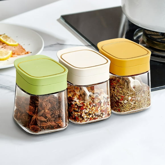 YAOMOBB Sugar Salt Container Seasoning Jar Set Waterproof Large Capacity Good Sealing Visual Glass Lid Seasoning Box Set with Spoons