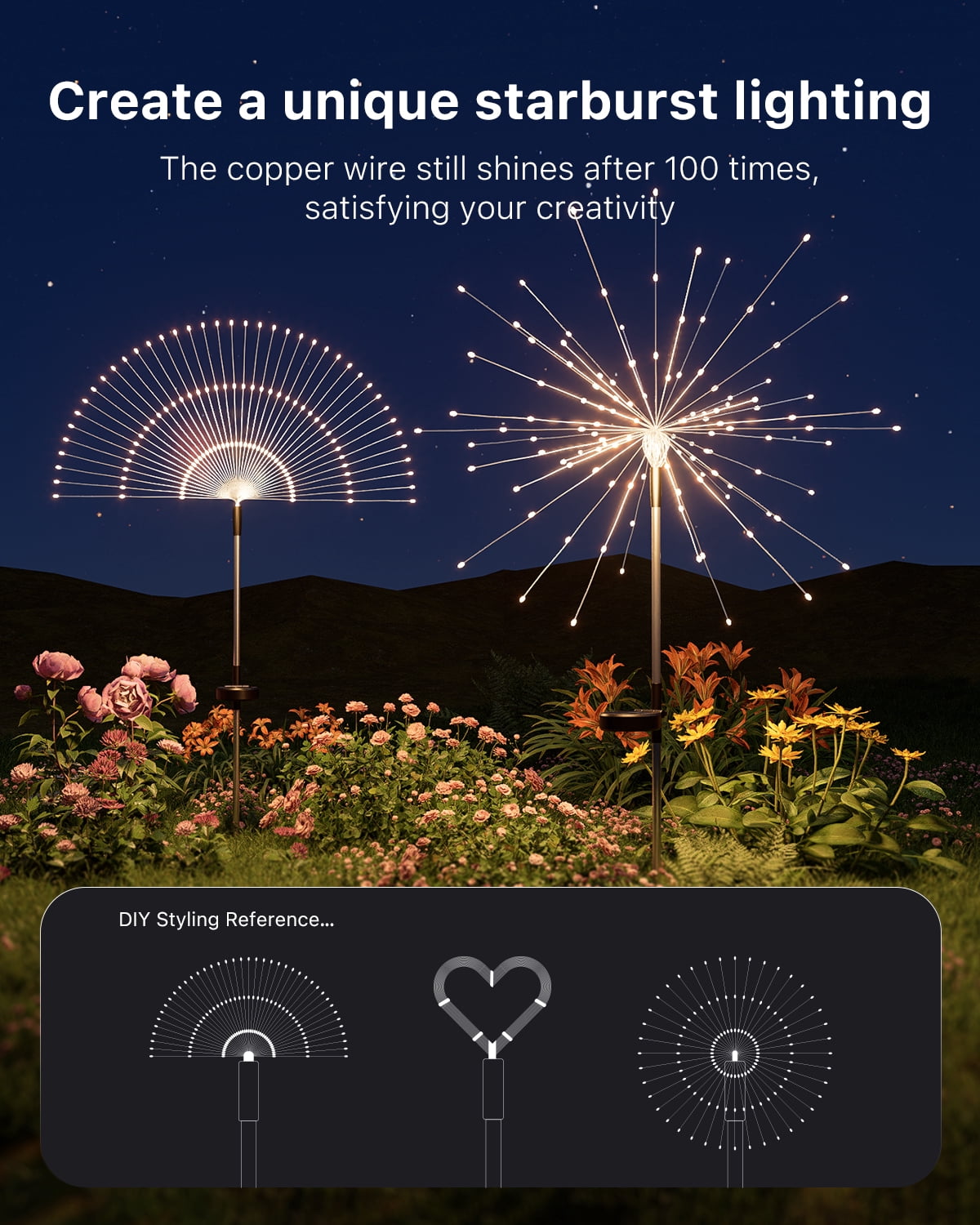 Yinghao 4 pack Warm White Solar Firework Lights, Outdoor Waterproof Garden Sparkler Lighting, Bendable Copper Wire DIY Design Yard Decor, Flower Bed
