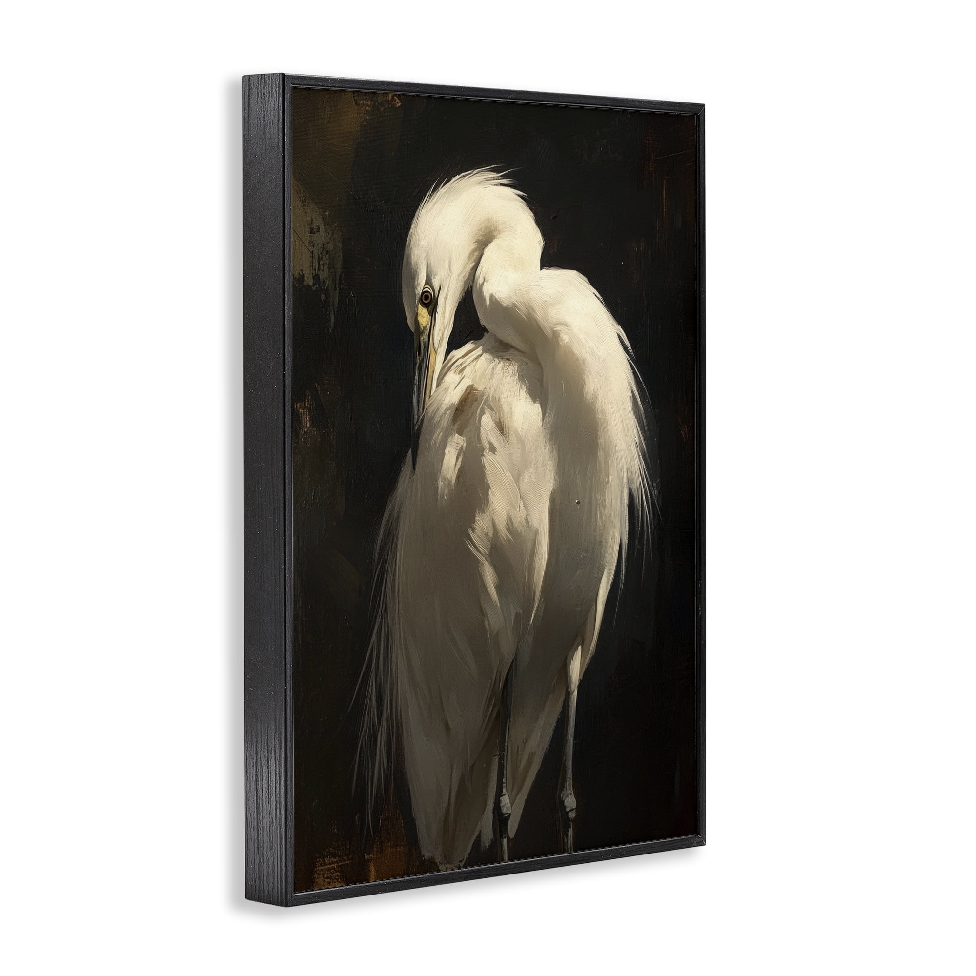 Stupell Industries Feathered Egret in Soft Light Black Framed Giclee Art, design by Petal Prints Design