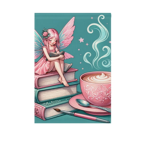 Fairy Sitting Book and Coffee Garden Flag 12X18 Double Sided Yard Flags for Outside Outdoor All Seasonal Decoration