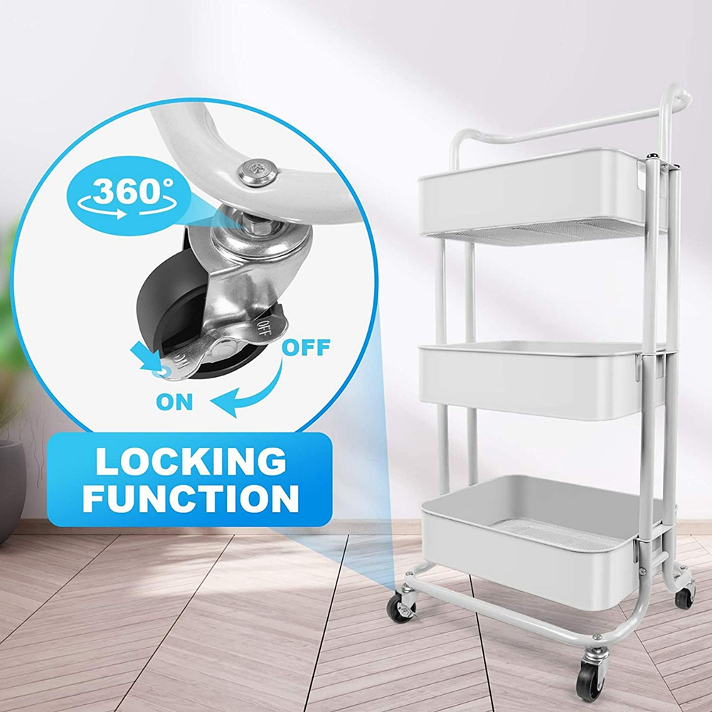 Kadyn 3 Tier Utility Carts with Lockable Wheels, Metal Rolling Cart with Handle, Storage Organizer Trolley Cart for Bathroom, White Kadyn 3 Tier Utility Carts with Lockable Wheels, Metal Rolling Cart with Handle, Storage Organizer Trolley Cart for Bathroom, White