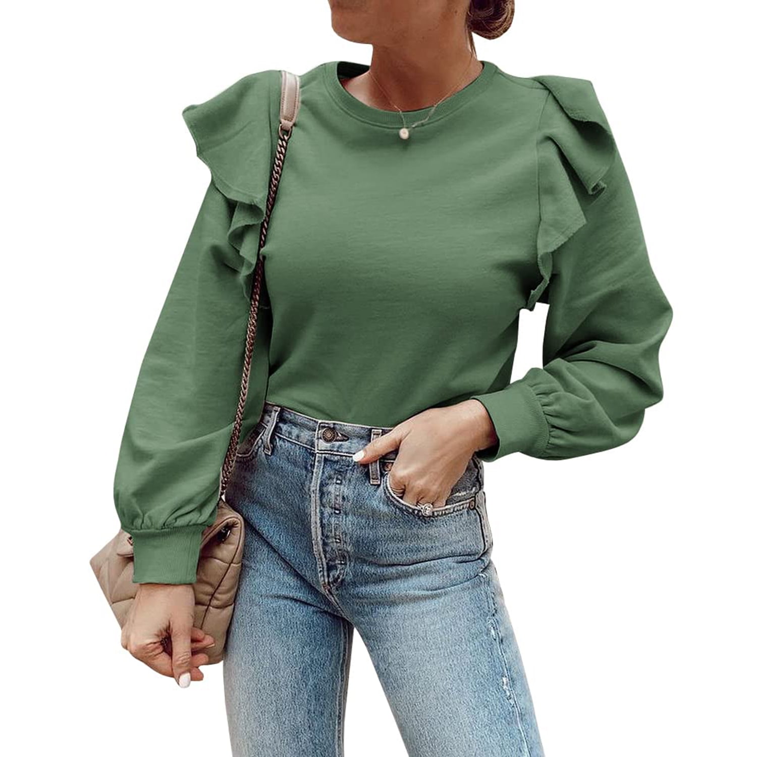 Women s Long Sleeve Ruffle Shoulder Sweatshirt Casual Solid Color Pullover in Nepal at NPR 8205 Rating 5