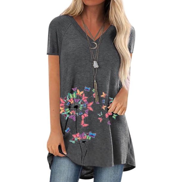 Sonducket Camiseta con cuello en V Blusa suelta de manga corta Mujer Estampado Top de verano Prendas para la parte del cuerpo Gris L