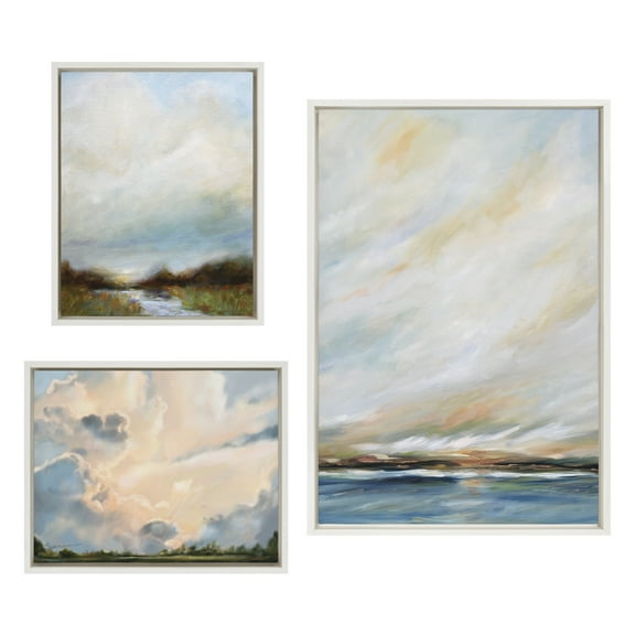 Kate and Laurel Sylvie Sunday Morning, Tranquility and Clouds Framed Canvas Wall Art Set by Mary Sparrow, 3 Piece Set White, Soft Watercolor Landscape Art for Wall