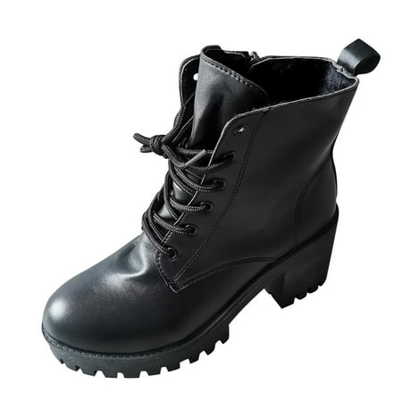

Mackneog Ladies Solid Color British Style Round Toe Lace Up Side Zipper Chunky High Heel Booties Gift on Clearance