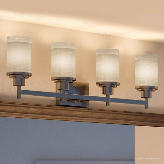 Urban Ambiance Luxury Modern Bath Fixture, Size: 9-7/16"H x 31"W, with Farmhouse Style Elements, Brushed Nickel Finish and Etched Linen with Clear Edge Shade, UHP2014