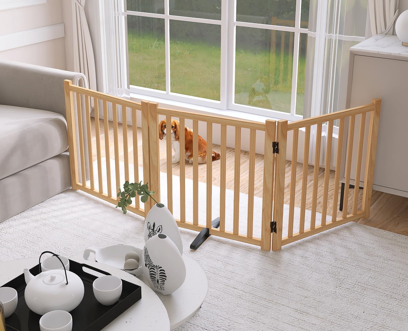 TEQIN Indoor Pet Gate,Freestanding Pet Gate for Dogs,Folding Dog Gate for Stairs or Doorways,Freestanding Pet Fence Kitchen Wooden Pet Barrier for Cats and Dogs